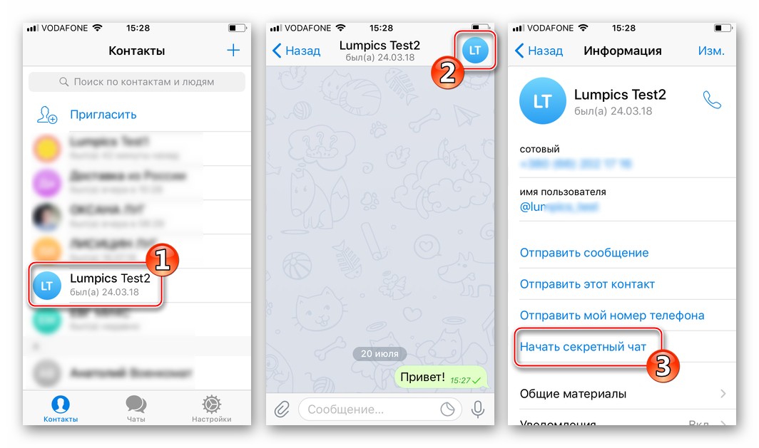 Telegram для iOS экран чата - Информация о контакте
